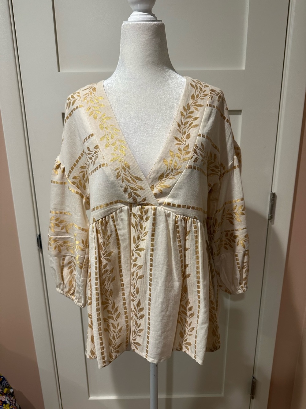 Ivory Tunic with Gold Leaf Print V-Neck